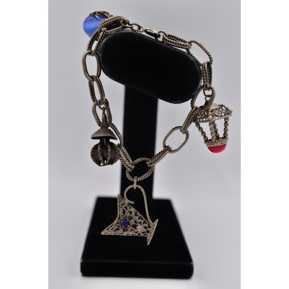 Vintage Charm Bracelet Blue Red Antiqued Metal Art Deco Chunky Retro 1940s BinAD - Picture 1 of 12